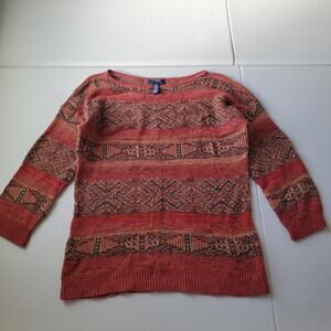Chaps Sweater Women Large Red Linen Knit Boat Neck 3/4 Sleeve Southwestern Aztec